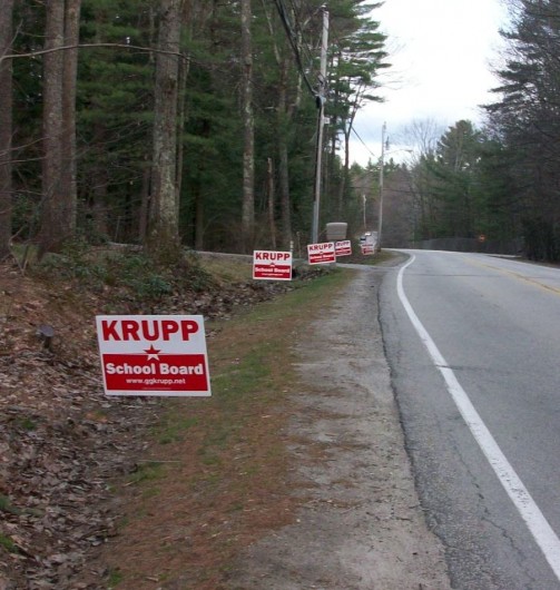 Krupp for School Board signs replacing the one that was stolen