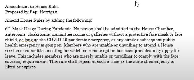 Timmy Horrigan Mask Mandate for NH House Chamber