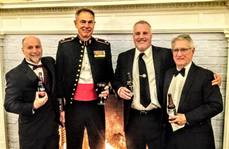 "Beer Caucus Founders at the 2019 Inaugural Ball. (l-r) Tim Lang, Mike Moffett, Howard Pearl, and Reed Panasiti."
