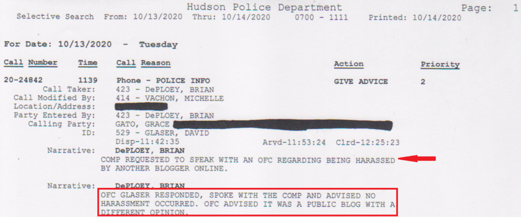 Hudson Police - report on Gracie Gato complaint of GraniteGrok Harrassment