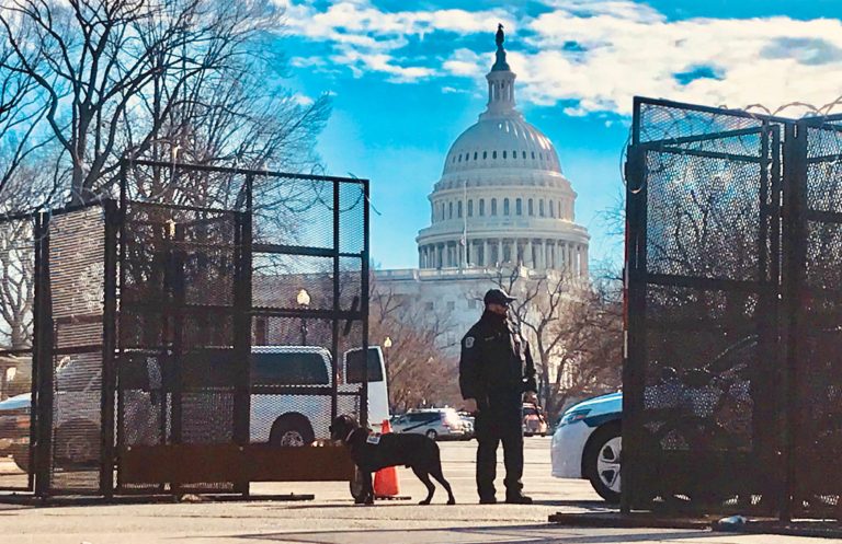 DC Capitol Building Fence Armed man and dog