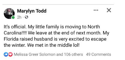 Marilyn Todd moving to NC