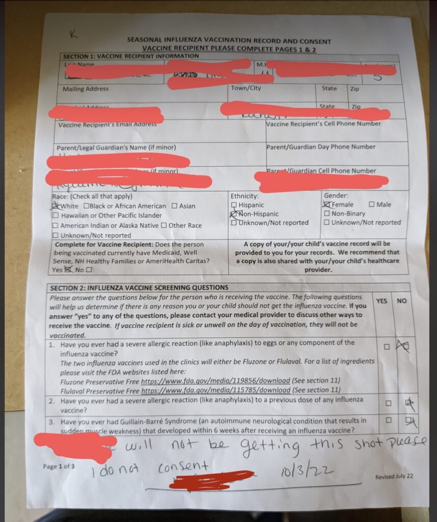 Flu Vaccine consent form redacted