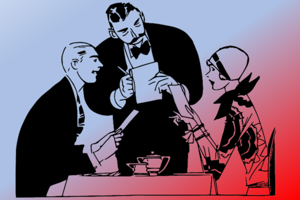 Waiter patrons table line drawing red and blue background